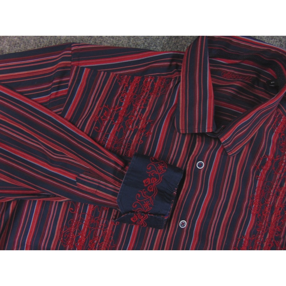 Visconti Button Up Shirt Mens Large‎ Red Navy Striped Embroidered Rockabilly